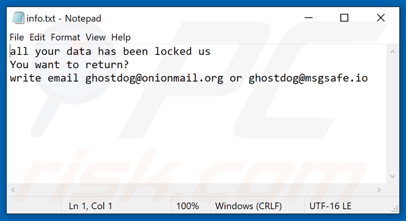 Screenshot del file di testo del ransomware RZA (info.txt)