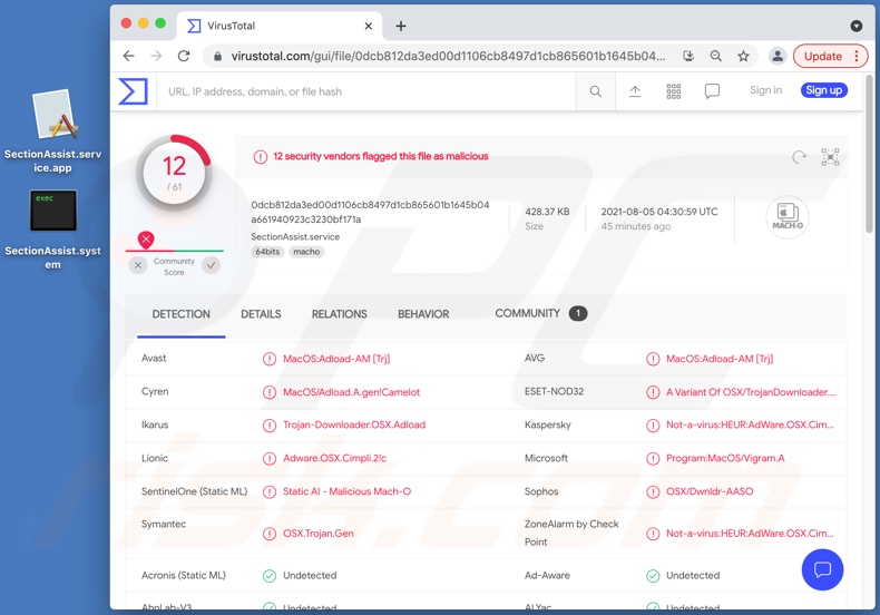 Rilevamenti di adware SectionAssist su VirusTotal