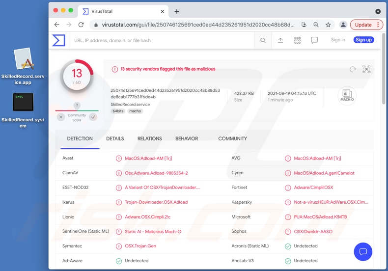 Rilevamenti di adware SkilledRecord su VirusTotal