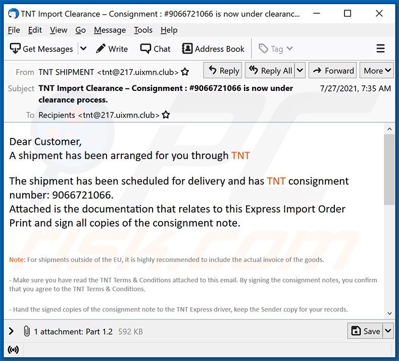 Un altro esempio di email spam a tema TNT che diffonde dei malware (2021-08-03)