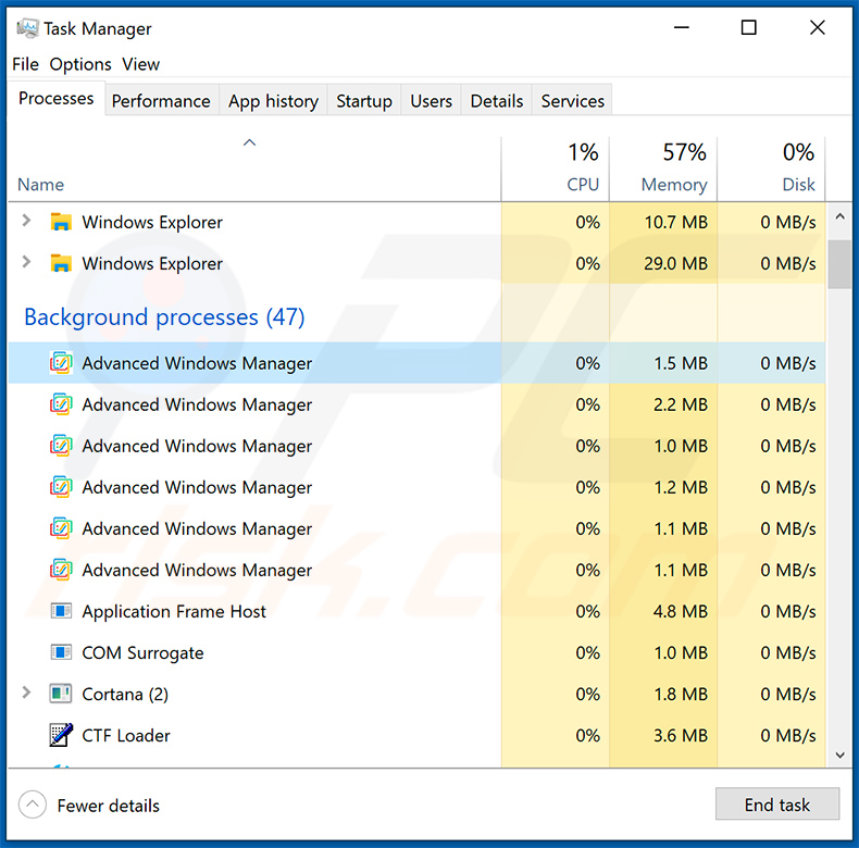 Processi di Windows Manager adware nel Task Manager: