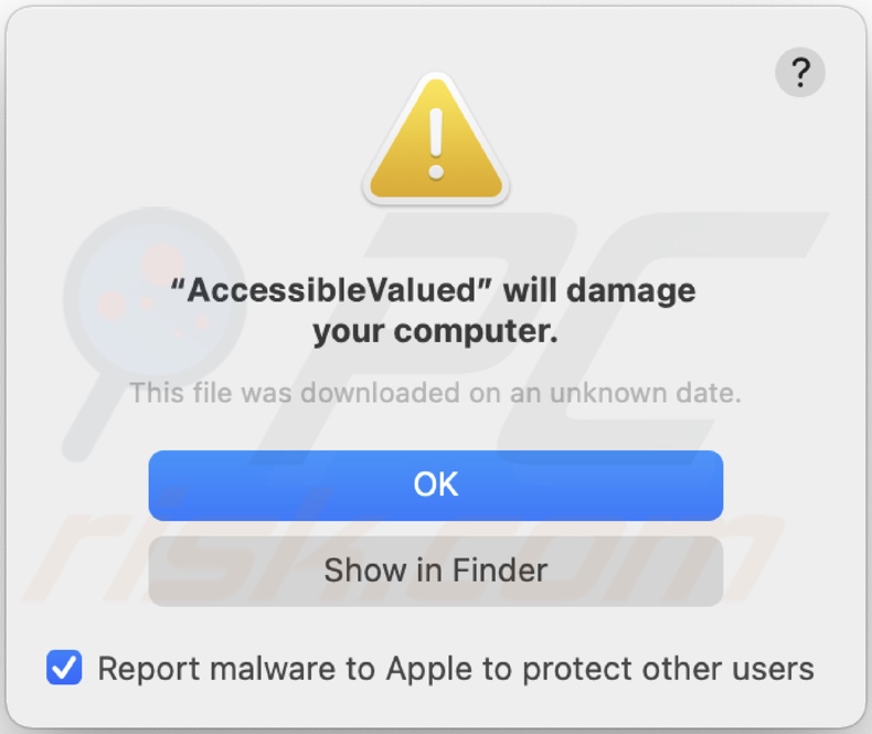 Pop-up visualizzato quando viene rilevato un adware AccessibleValue nel sistema