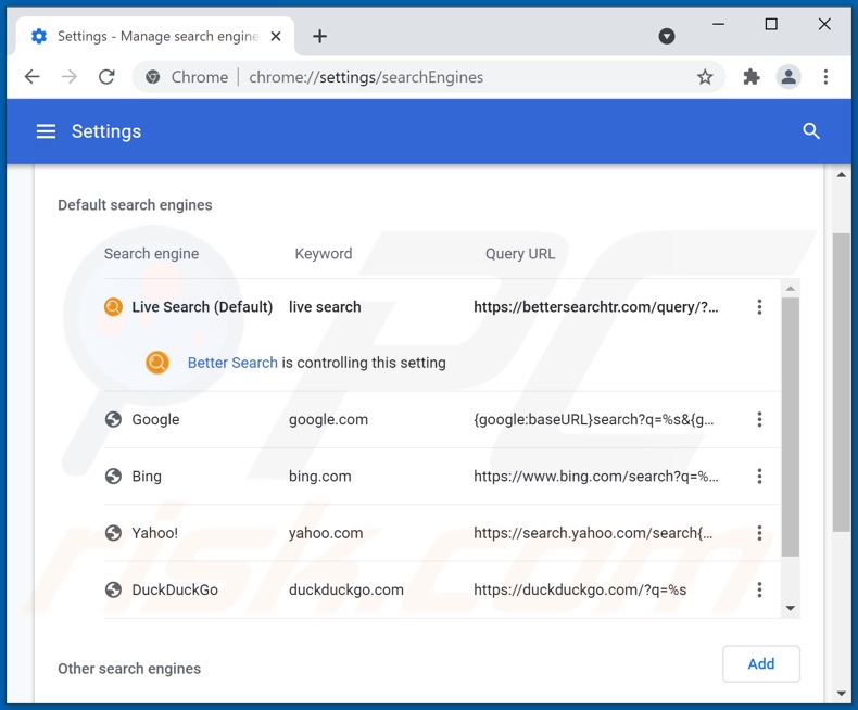Rimozione di bettersearchtr.com dal motore di ricerca predefinito di Google Chrome