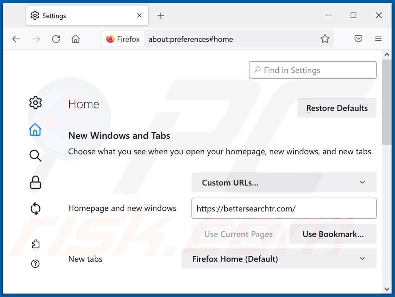 Rimozione di bettersearchtr.com dalla home page di Mozilla Firefox