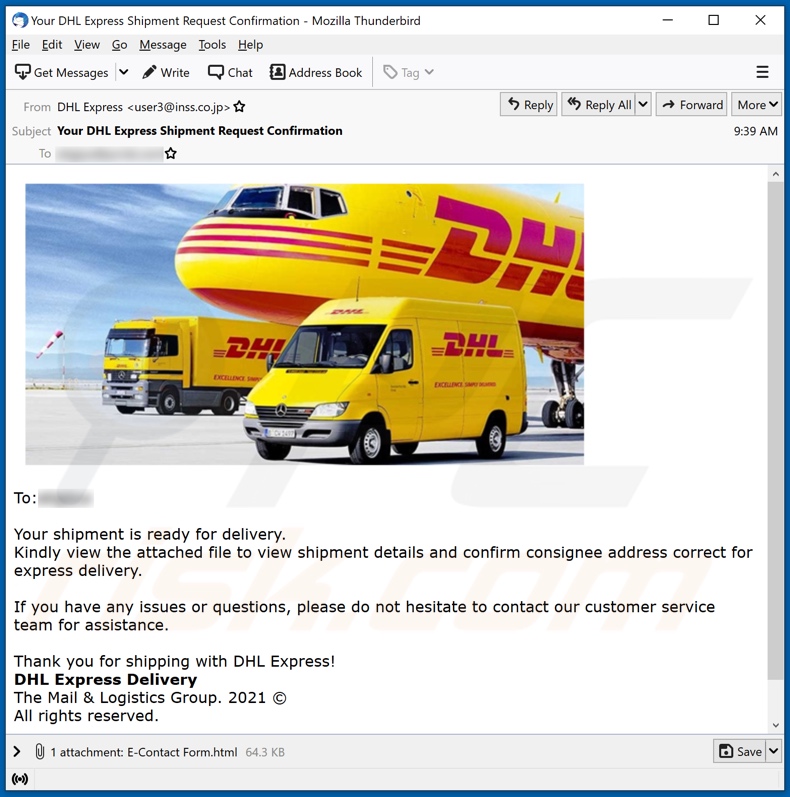 DHL Express Shipment Confirmation campagna di spam via email