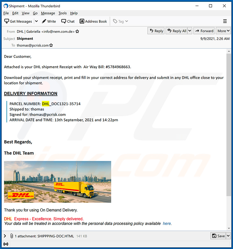 Un altro esempio di email spam che distribuisce un file HTML identico Dhl express (2021-09-10)