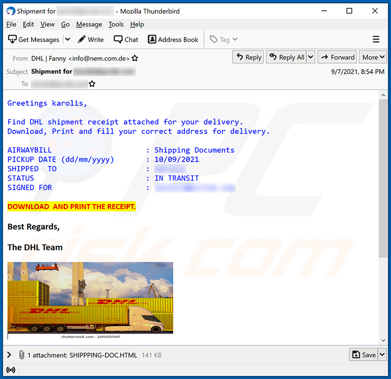 Un altro esempio di email spam a tema spedizione DHL Express che distribuisce un file HTML
