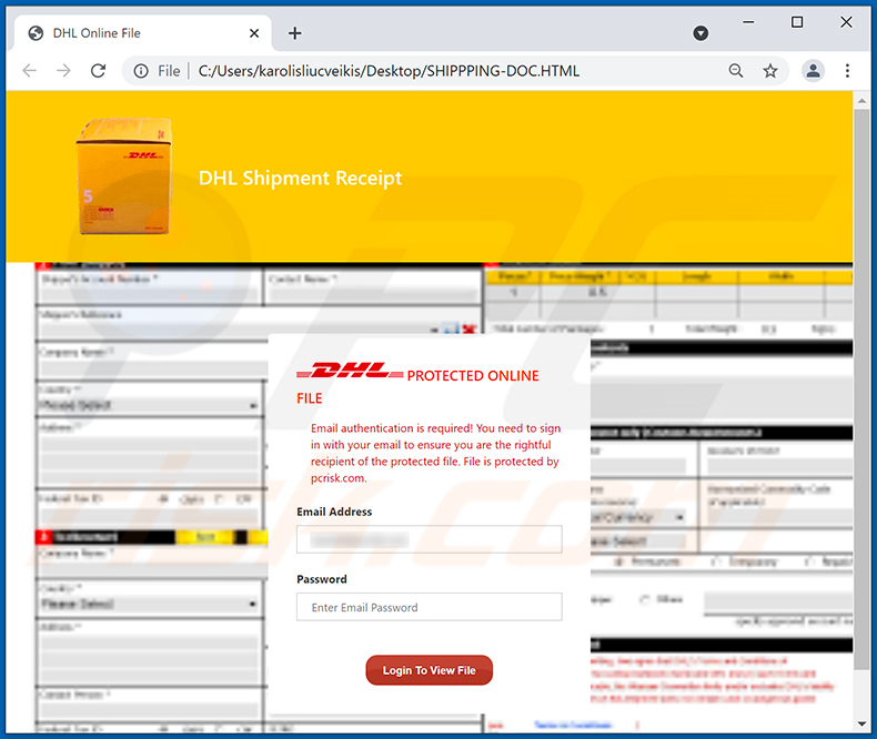 Screenshot del documento HTML allegato alla emai truffa DHL Express (2021-09-08)
