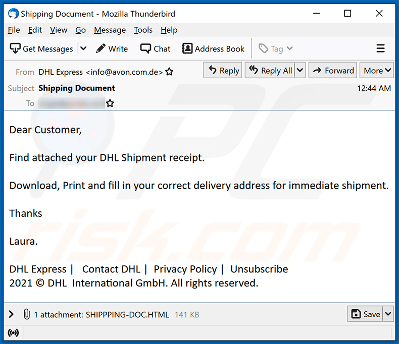 Un altro esempio di e-mail di spam a tema DHL Express che promuove un file HTML progettato per scopi di phishing (2021-09-07)