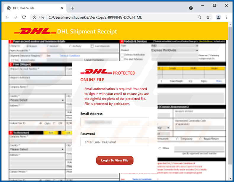 Documento HTML distribuito tramite e-mail di spam a tema DHL Express (2021-09-07)