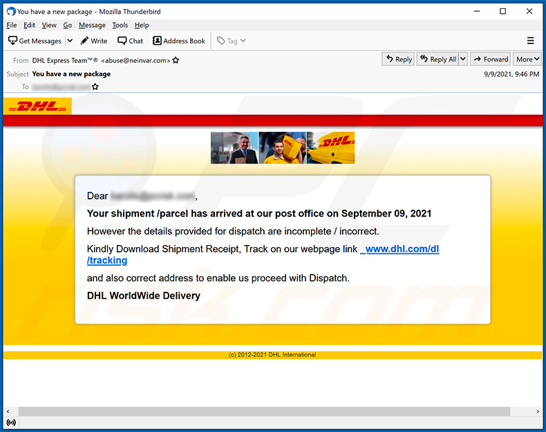 Un'altra e-mail di spam a tema DHL Express che promuove un sito di phishing (2021-09-10)