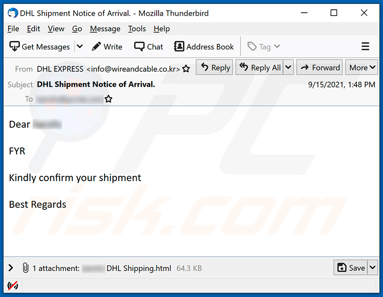 Un altro esempio di email di spam a tema DHL Shipment utilizzata per distribuire un file HTML progettato per rubare le credenziali di accesso (2021-09-17)
