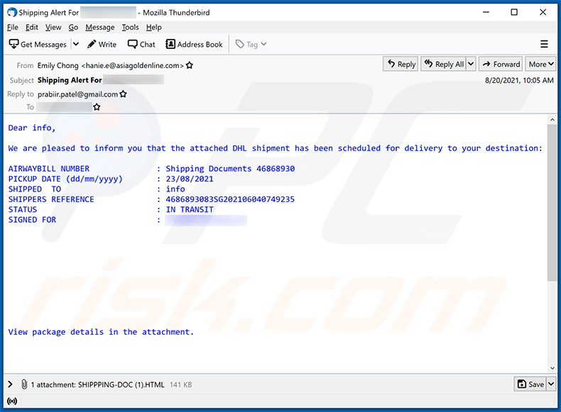 Ancora un altro esempio di e-mail di spam a tema spedizione DHL che promuove un file HTML dannoso (2021-09-20)