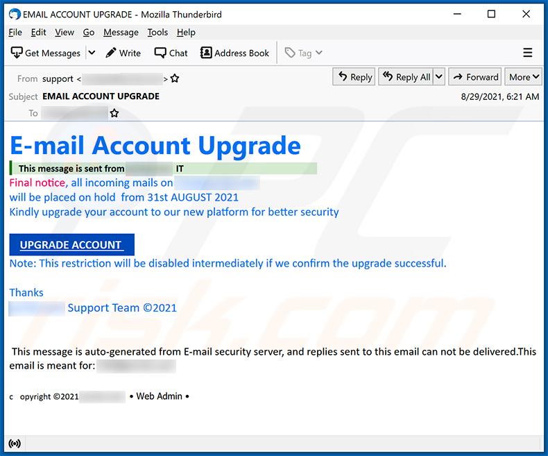 Ancora un altro esempio di spam a tema di aggiornamento della posta elettronica (2021-09-20)