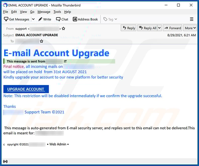 Ancora un altro esempio di spam a tema di aggiornamento della posta elettronica (2021-09-20)