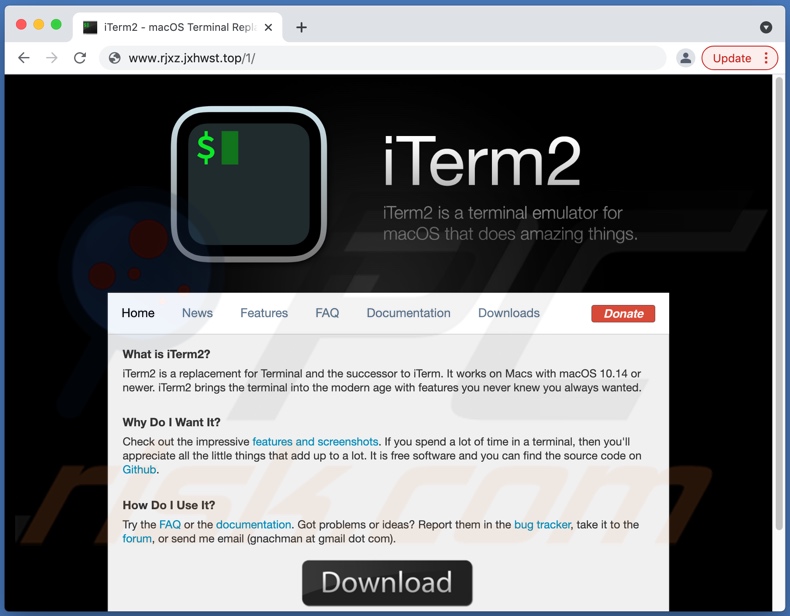 Sito Web fraudolento utilizzato per promuovere il malware iTerm2