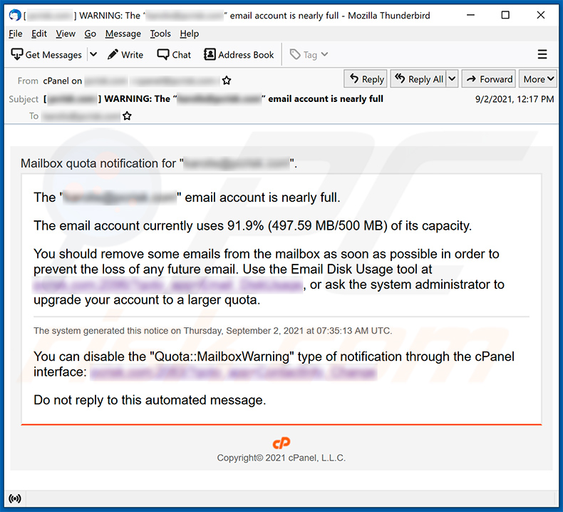 Un altro esempio di posta indesiderata a tema della capacità della casella di posta che promuove un sito di phishing (2021-09-10)