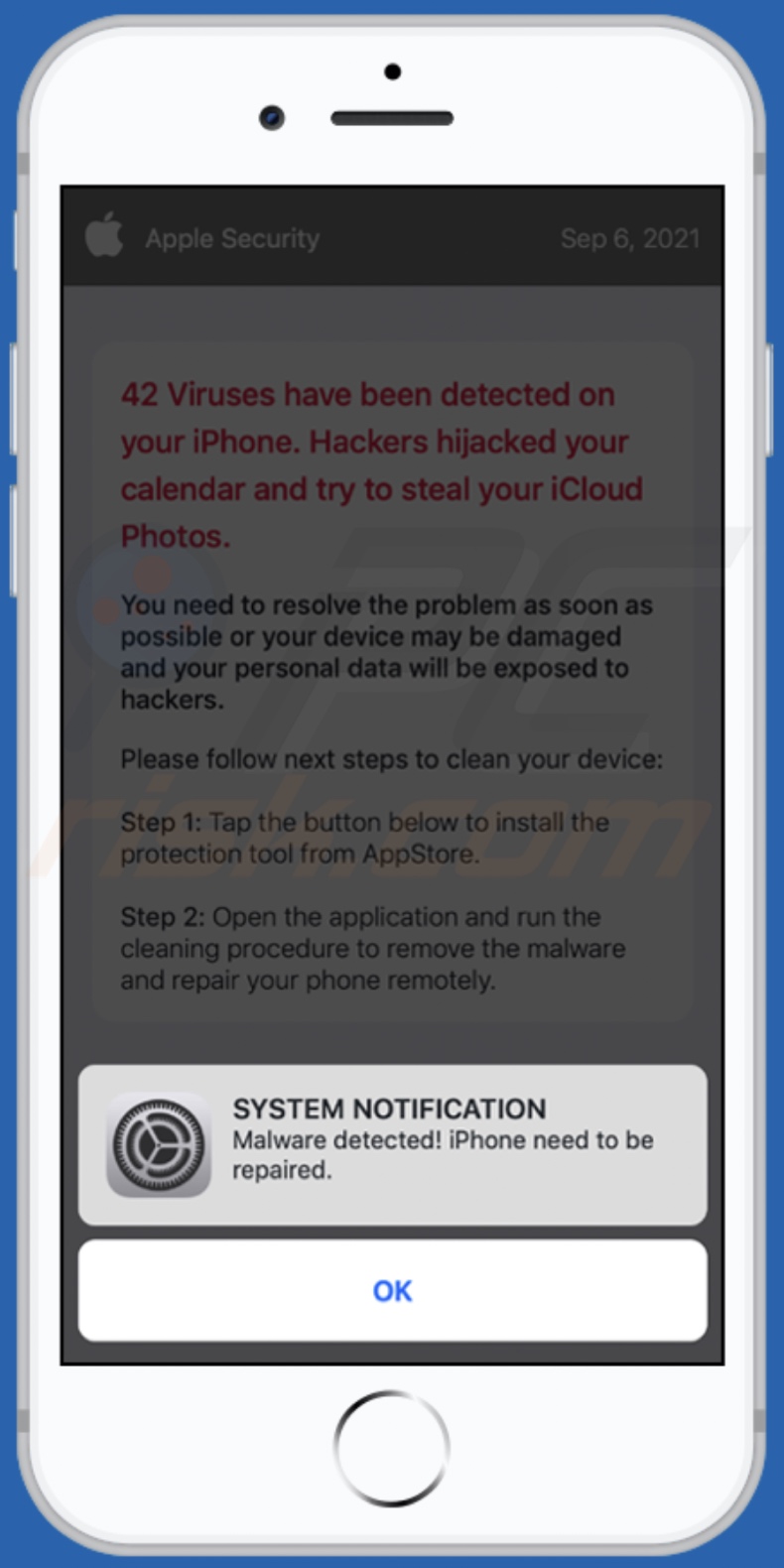 Malware detected! iPhone need to be repaired truffa