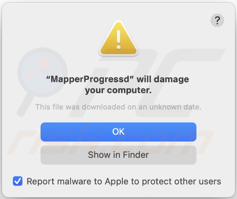 Pop-up visualizzato quando viene rilevato un adware MapperProgress sul sistema