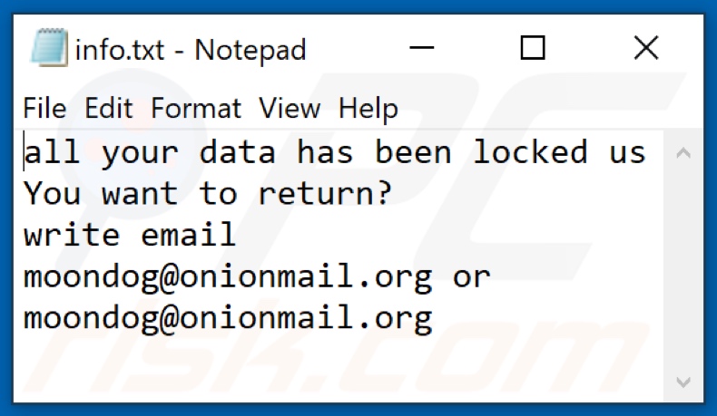 Screenshot del file di testo del ransomware MOON (