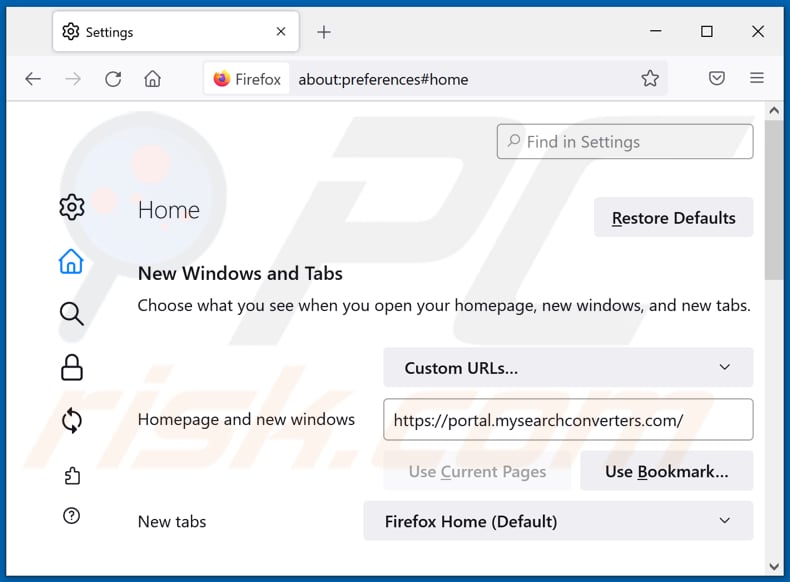 Rimozione di mysearchconverters.com dalla home page di Mozilla Firefox