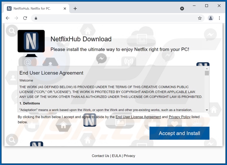 Screenshot del sito Web utilizzato per promuovere l'adware NetflixHub: