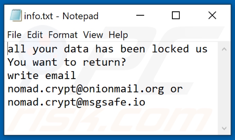 Screenshot del file di testo del ransomware Nomad (info.txt)