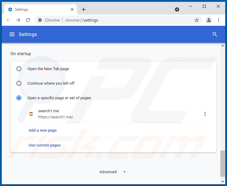 Rimozione di search1.me dalla home page di Google Chrome