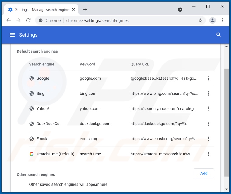 Rimozione di search1.me dal motore di ricerca predefinito di Google Chrome