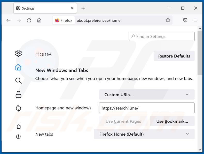 Rimozione di search1.me dalla home page di Mozilla Firefox