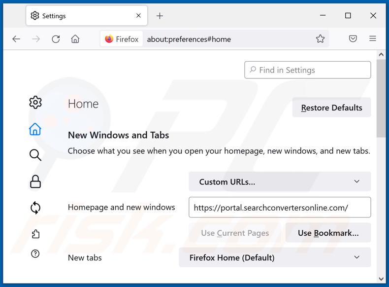 Rimozione di searchconvertersonline.com dalla home page di Mozilla Firefox
