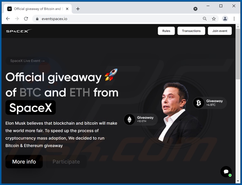 SpaceX BTC and ETH giveaway truffa
