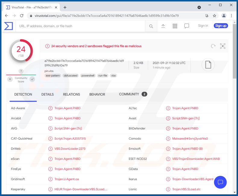 Rilevamenti di malware Squirrelwaffle su VirusTotal