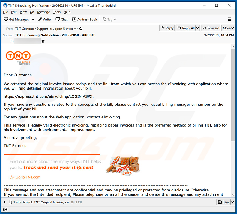 Un esempio di email spam a tema TNT che diffonde il malware Agent Tesla