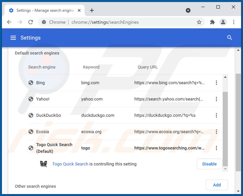 Rimozione di togosearching.com dal motore di ricerca predefinito di Google Chrome