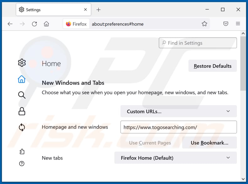 Rimozione di togosearching.com dalla home page di Mozilla Firefox