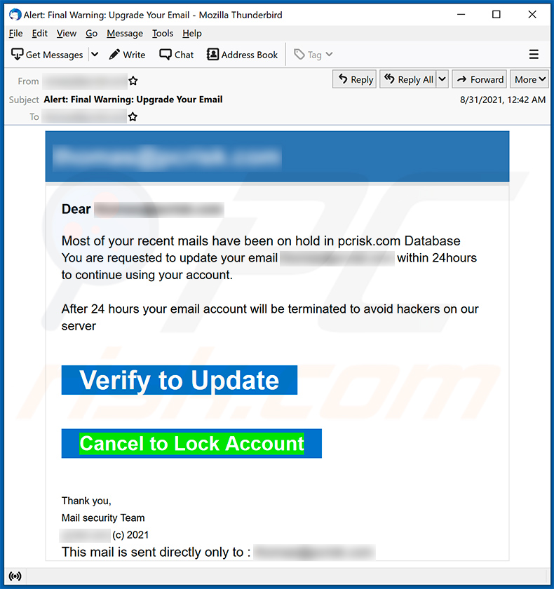 Ancora un altra email spam a tema di aggiornamento email che promuove un sito di phishing (2021-09-01)