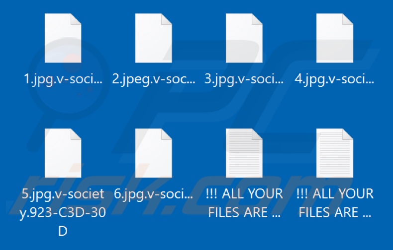 Screenshot dei file crittografati da VICE SOCIETY ransomware (estensione.v-society.[victim's_ID]