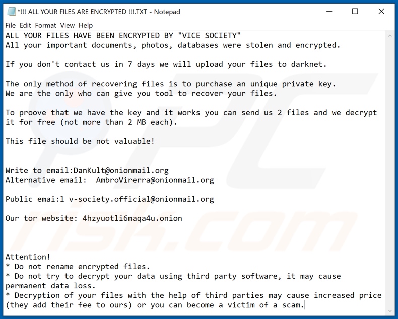 VICE SOCIETY istruzioni per decifrare (!!! ALL YOUR FILES ARE ENCRYPTED !!!.TXT)