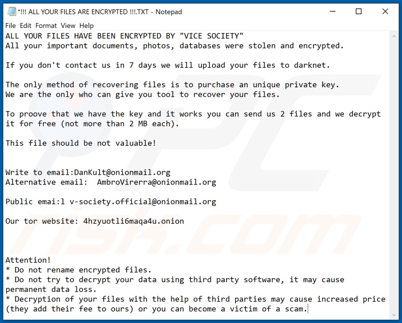 VICE SOCIETY istruzioni per decifrare (!!! ALL YOUR FILES ARE ENCRYPTED !!!.TXT)