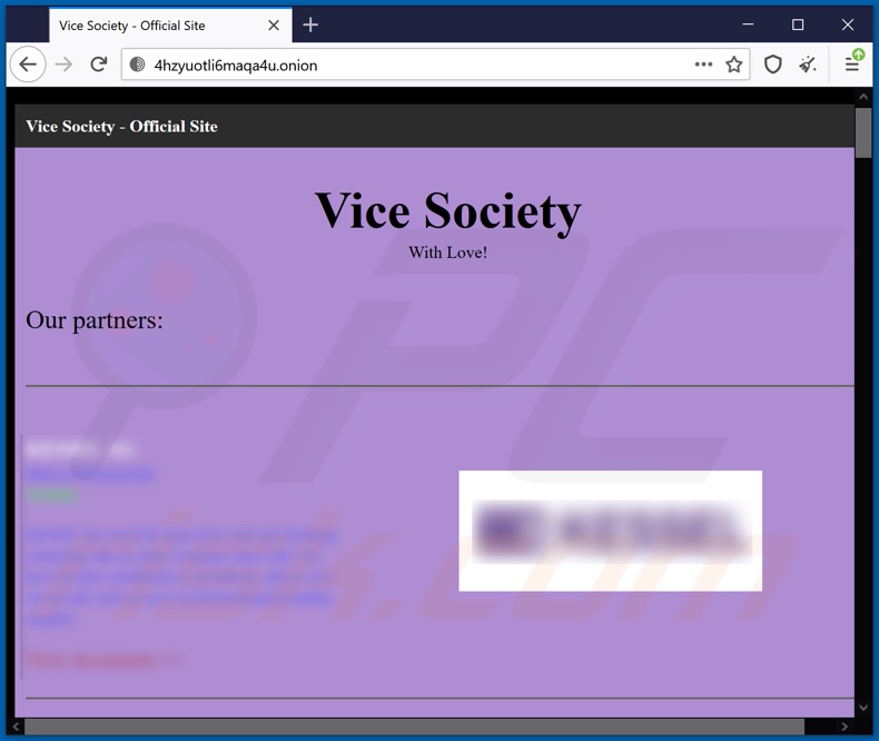 Screenshot del sito Web Tor di VICE SOCIETY ransomware