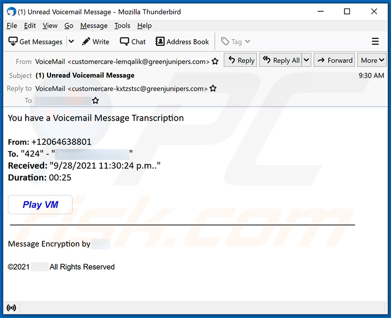 E-mail di spam a tema Voicemail che promuove un sito di phishing (2021-09-29)