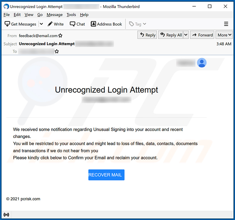 Un altro esempio di e-mail di spam a tema di notifica di accesso
