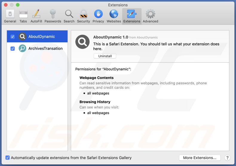 AboutDynamic adware installato su Safari