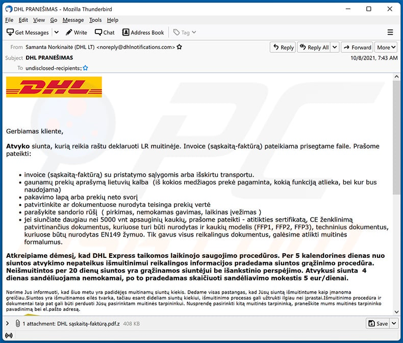 Una variante lituana dell'e-mail di spam a tema DHL Express che diffonde malware