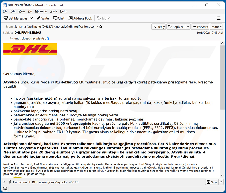 Una variante lituana dell'e-mail di spam a tema DHL Express che diffonde malware