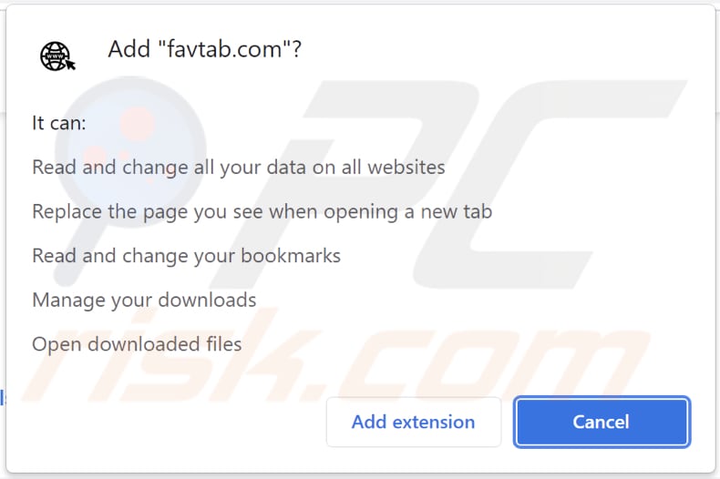 Notifica del browser che dice che favtab.com può leggere e modificare dati, aprire file scaricati, gestire download