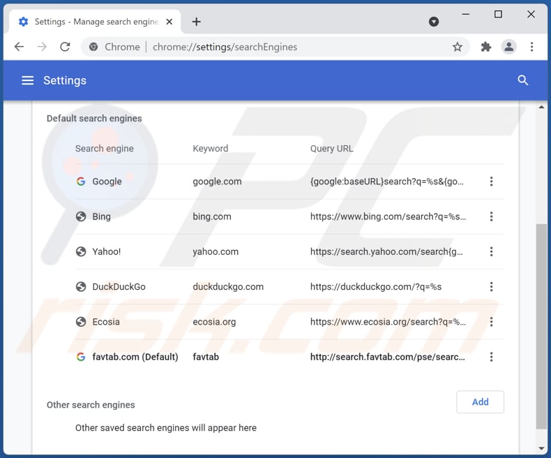 Rimozione di favtab.com dal motore di ricerca predefinito di Google Chrome