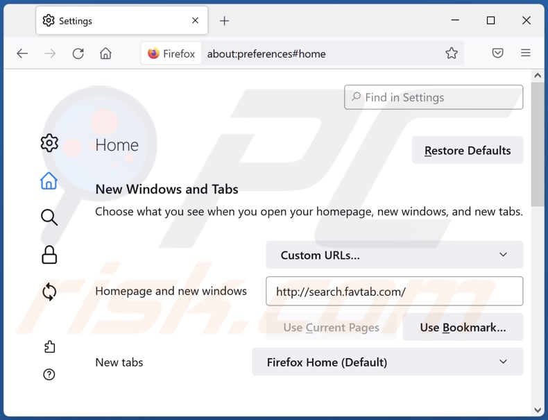 Rimozione di favtab.com dalla home page di Mozilla Firefox