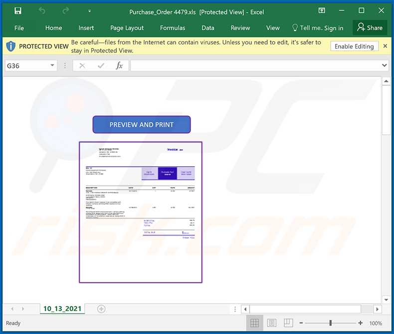 Screenshot del documento MS Excel dannoso distribuito (2021-10-14)